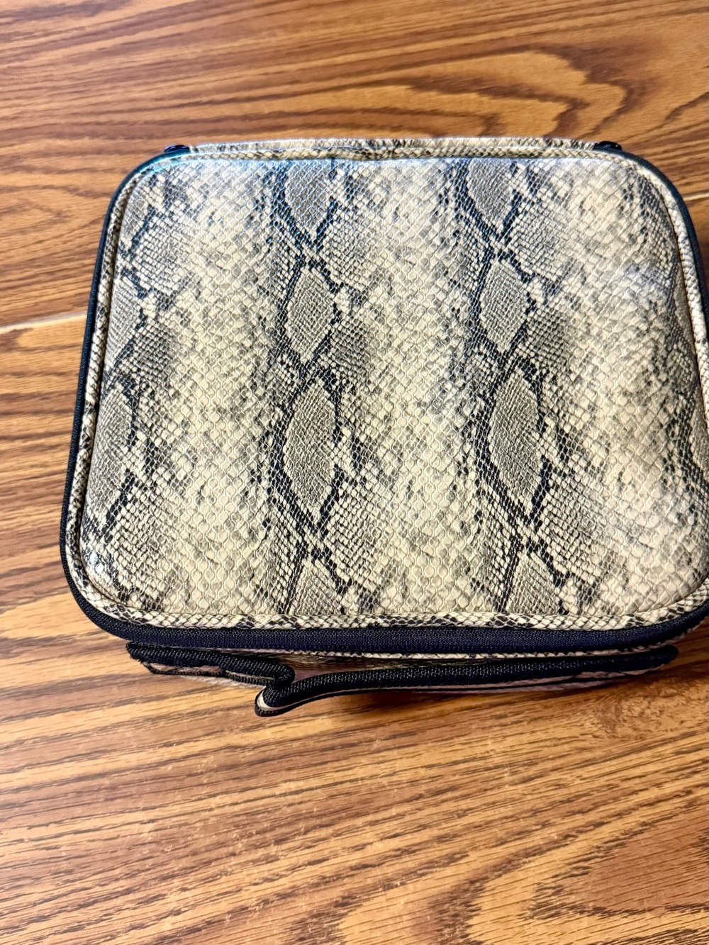 Modern + Chic Snake-Print Cosmetic Case in Beige and Black